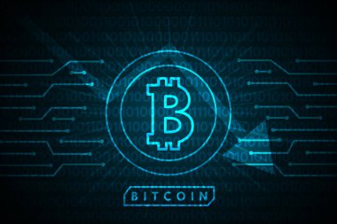 Bitcoin dijital para ve mavi çizgi devre üzerinde ikili arka plan teknoloji tasarım finans iş için vektör.
