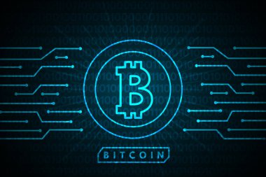 Bitcoin dijital para ve mavi çizgi devre üzerinde ikili arka plan teknoloji tasarım finans iş için vektör