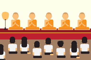 Buddhists paying respect to monks on religious holidays, flat style vector illustration. clipart