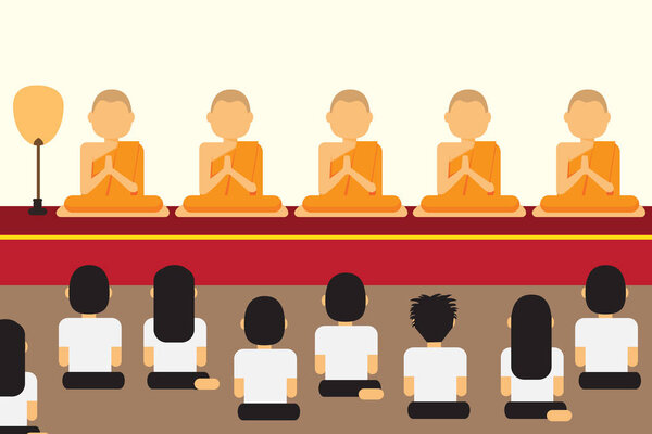 Buddhists paying respect to monks on religious holidays, flat style vector illustration.