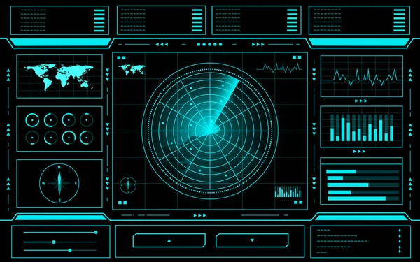 Radar Panneau Commande Abstrait Technologie Interface Hud Sur Fond Noir — Image vectorielle