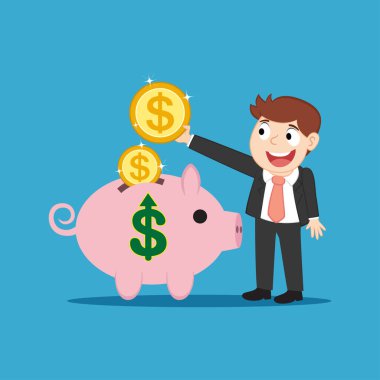 Piggy Bank 'ta Para Kurtaran İşadamı, illüstrasyon vektör karikatürü