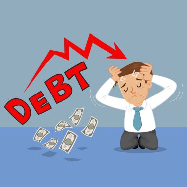 İş adamı borç ve illüstrasyon vektör karikatürü konusunda stresli