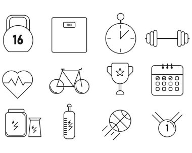 Spor salonu ikonu seti. Vektör uygunluğu ve spor kümesi simgesi.