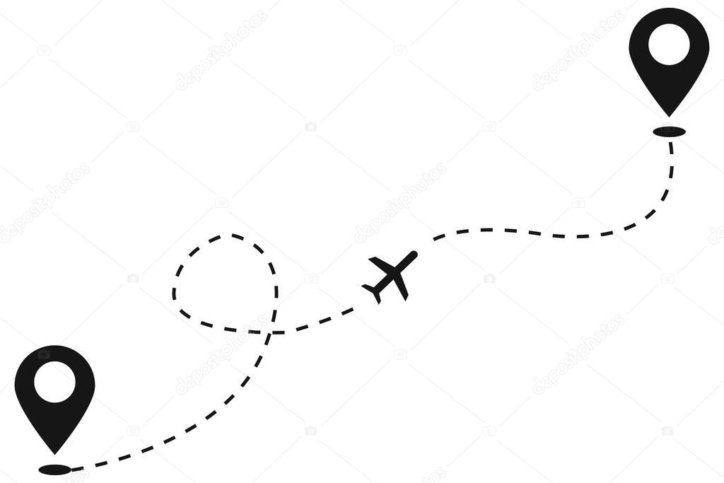 Plane line path illustration. Vector isolated airplane travel path.