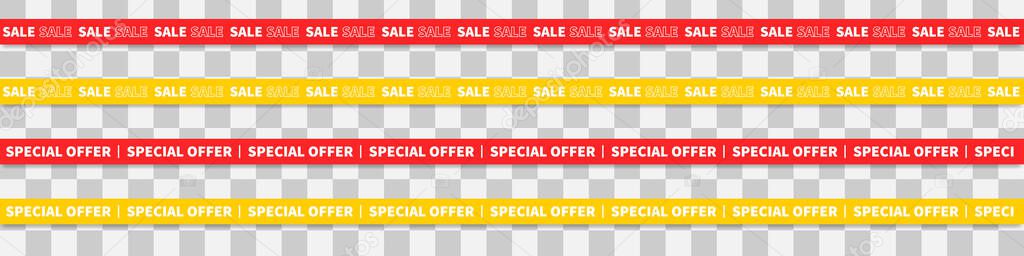 Sale and special offer tapes. Red and yellow tape on transparent background.