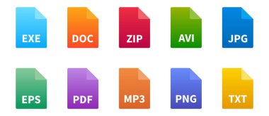 Dosya tipi simgesi seti. Renkli belge biçimi koleksiyonu.