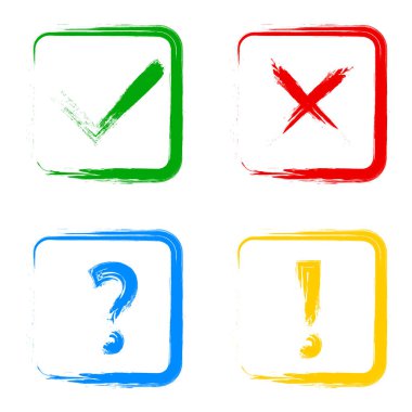 Grunge işaretli çapraz ünlem ve soru simgesi. Vektör fırça ögesi.