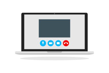 Laptop illüstrasyonunda çevrimiçi konferans. Vektör çevrimiçi video toplantısı.