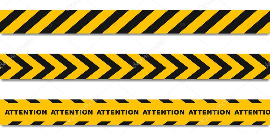 Danger caution seamless ribbon tapes. Vector black and yellow police stripe border.