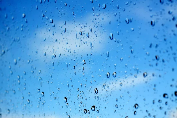 Water Drops Glass Blue Sky White Cloud Macro Raindrops Natural — Stock Photo, Image