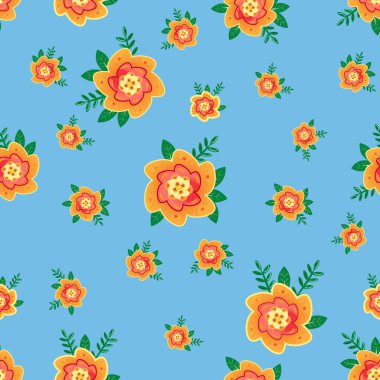 Yapraklı çiçek deseni. Vektör çizimi. Desen, kumaş, tekstil, yaratıcı, fantezi. Çiçekli orman izi. Yumuşak mavi çiçek tasarımı. İzole edilmiş çiçek açma sanatı. Biçimlendirme turuncu yeşil dekorasyon. 