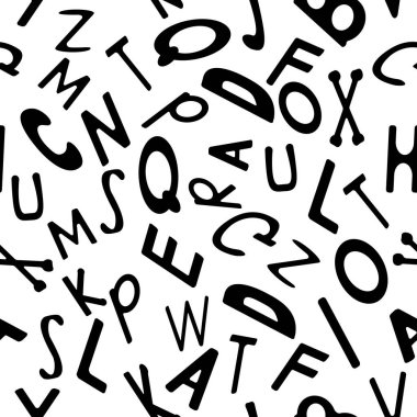 Harflerde siyah ve beyaz desenler var. Minimalist tarzda bir geçmiş. Kumaş, duvar kağıdı, çarşaf için el çizimi. Vektör illüstrasyonu.