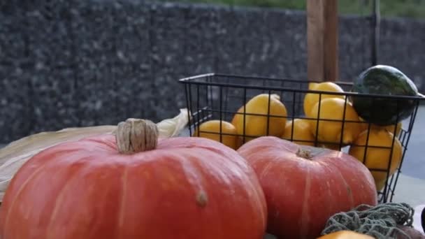 Frutas e produtos hortícolas frescos do mercado na mesa — Vídeo de Stock