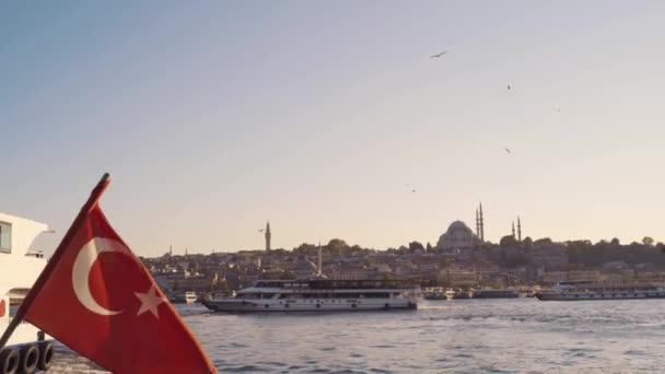 在伊斯坦布尔 在阳光明媚的日子里 土耳其国旗在金角湾的一艘船上飘扬 海鸥在鲁斯特帕夏清真寺的背后盘旋 — 图库视频影像