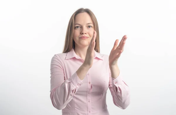 Felice Donna Applauso Mani Sfondo Bianco Applauso Donna Affari Bianco — Foto Stock