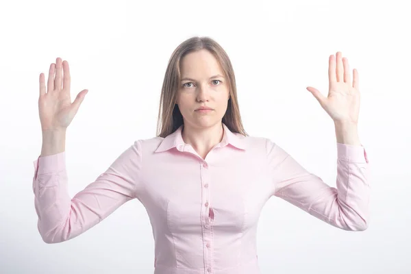 Non Sono Stato Sono Innocente Ritratto Donna Che Solleva Palmi — Foto Stock