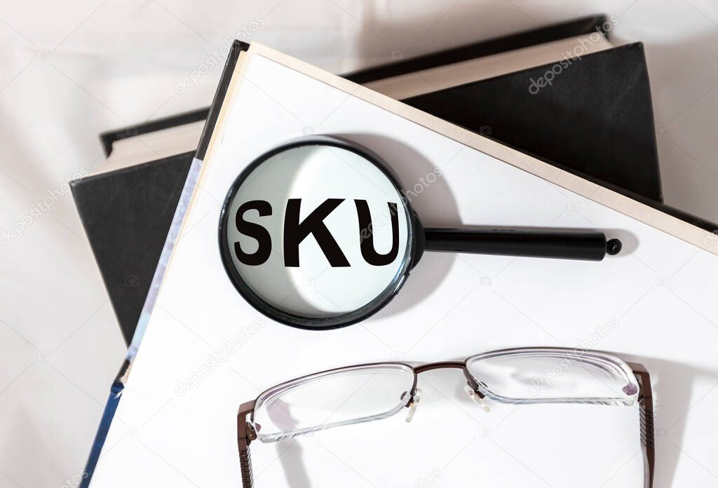 SKU word acronym inscription, stock keeping unit concept