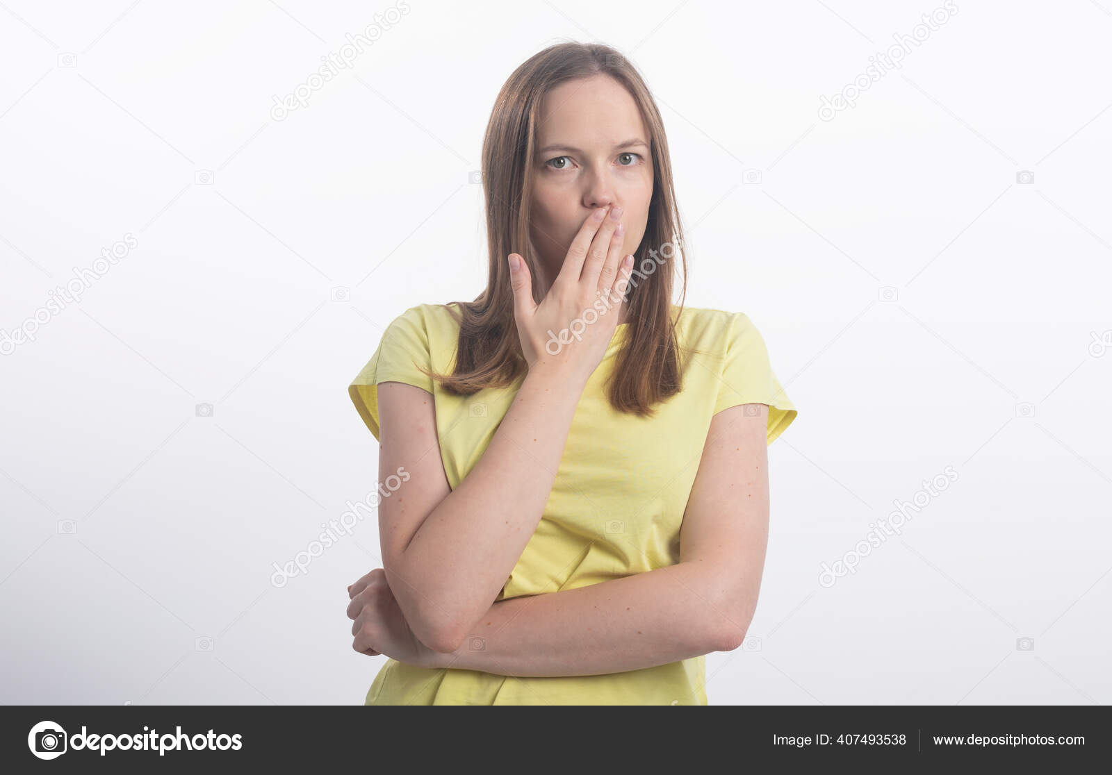 Shocking News Surprised Calm Woman Covers Her Mouth Close Isolated