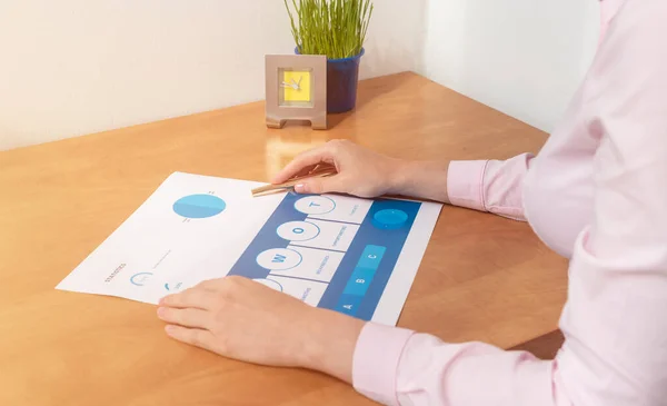 Strength Weaknesses Opportunities Threats Analysis Evaluation Strategy Concept. blue SWOT chart on office table with female hands with pen, marketing strategy, business