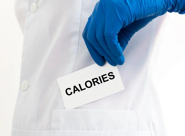 calories, concept of word on paper in doctor hand, calories inscription