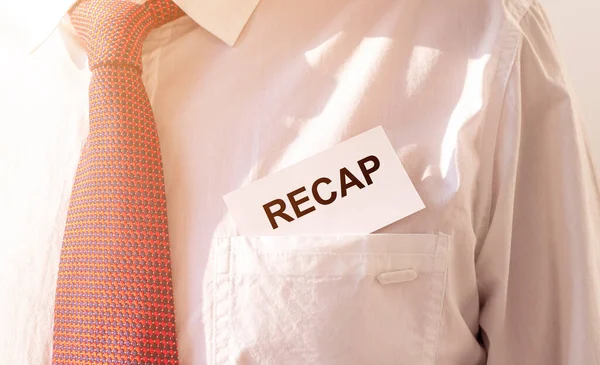 Recap Word Inscription Paper Card Male Pocket White Shirt Red — Stock Photo, Image