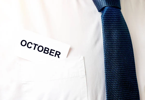 Octobre Mot Écrit Sur Carte Papier Blanc Dans Poche Chemise — Photo