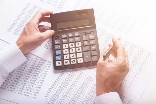 Financial Analysis Concept Male Hands Using Calculator Accounting Documents Pen — Stock Photo, Image