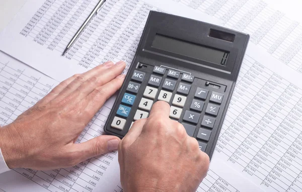 Financial Analysis Concept Male Hands Using Calculator Accounting Documents Closeup — Stock Photo, Image