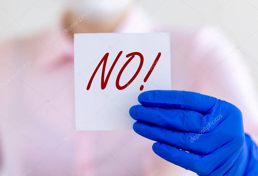 no sign word in doctor hands. Negative answer concept. No risk, no illness, no virus.