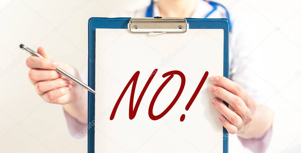 no sign word in doctor hands. Negative answer concept. No risk, no illness, no virus. banner