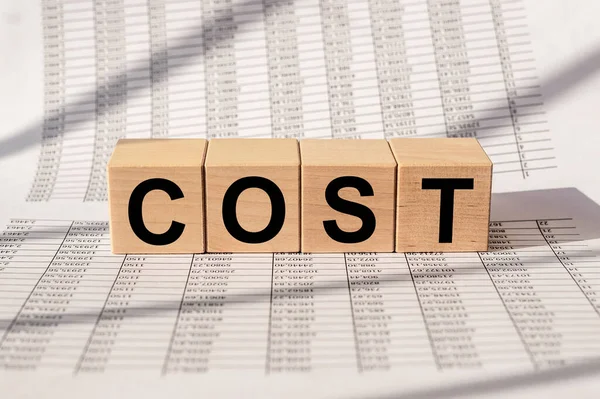 Cost, expense or company profit and loss concept, cube wooden block on financial documents.