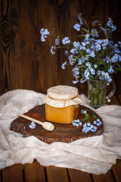 Delicious Fresh Sweet Raw Organic Honey Jar Brown Wooden Table — Stock Photo, Image