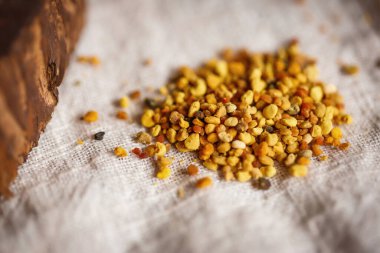 Arı ürünlerini kapatın. Sarı turuncu sağlıklı polenler. Arıların keten kumaş masa örtüleri üzerinde topladığı polenler.