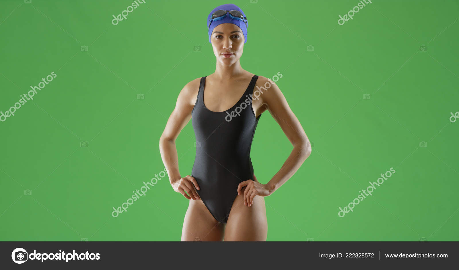 Young Black Female Swimmer One Piece Swimsuit Swim Cap Green Stock Photo By C Mark Rocketclips Com