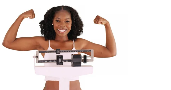 Cute Smiling Black Woman Stands Weight Scale Showing Strong Arms — Stock Photo, Image