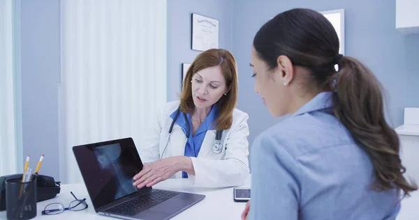 Close Charming Senior Doctor Discussing Results Spine Xray Patient — Stock Photo, Image