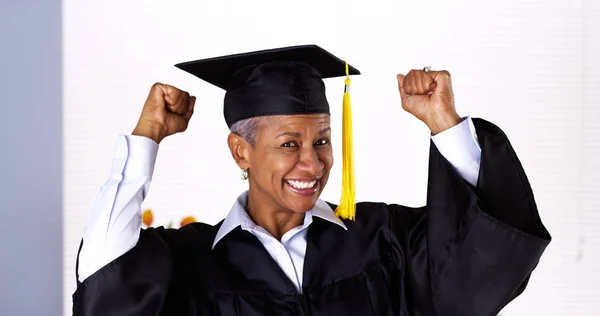 Enthusiastic Mature Black Woman Graduation Gown — Stock Photo, Image