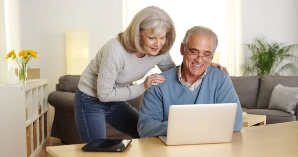 Senior adults using laptop computer at desk