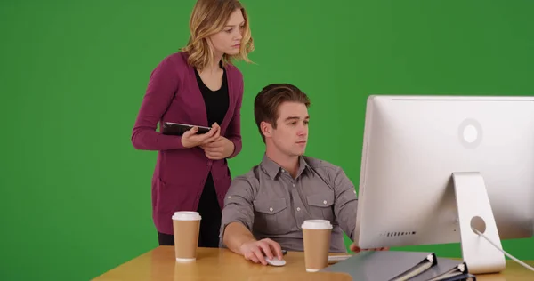 女老板监督在绿色屏幕上工作的男性办公室工作人员 — 图库照片