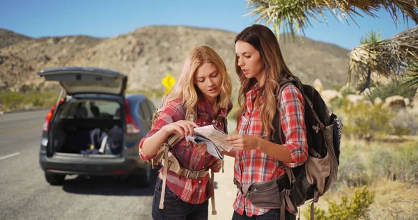 Portrait of two adventurous young ladies looking at map in desert setting