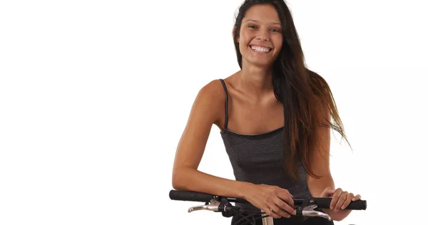 Pretty Brunette Female Her Bike White Background Smiling Camera — Stock Photo, Image
