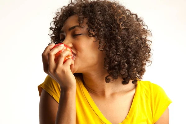 Close Millennial Woman Enjoying Fresh Red Apple Isolated White — Stock Photo, Image