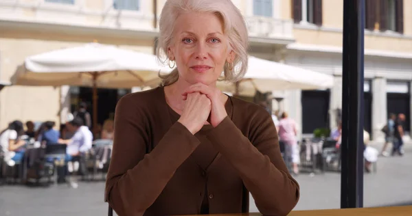 Older Woman Tourist Sitting Restaurant While Italian Vacation Rome — Stock Photo, Image