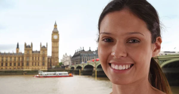 Close Portrait Beautiful Caucasian Girl Big Ben Sightseeing London — Stock Photo, Image