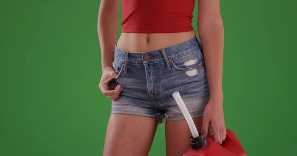 Midsection Attractive White Female Red Gas Canister Green Screen — Stock Photo, Image