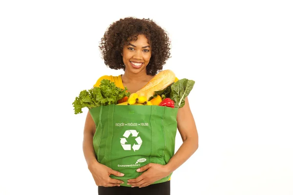 Happy Young Black Millennial Woman Holding Groceries White Background — Stok Foto