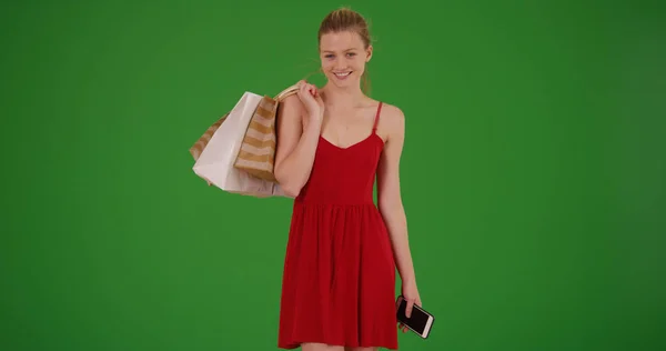 Jovem Mulher Caucasiana Feliz Vestido Vermelho Com Sacos Compras Tela — Fotografia de Stock