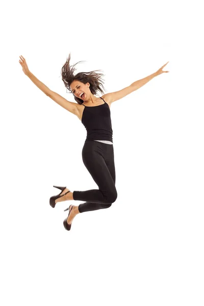 Cute Young Energetic Girl Wearing Black Dancing Jumping — Stock Photo, Image