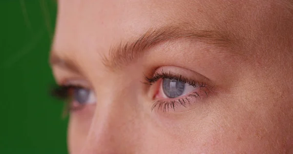 Close Caucasian Woman Blue Eyes Looking Green Screen — Stock Photo, Image